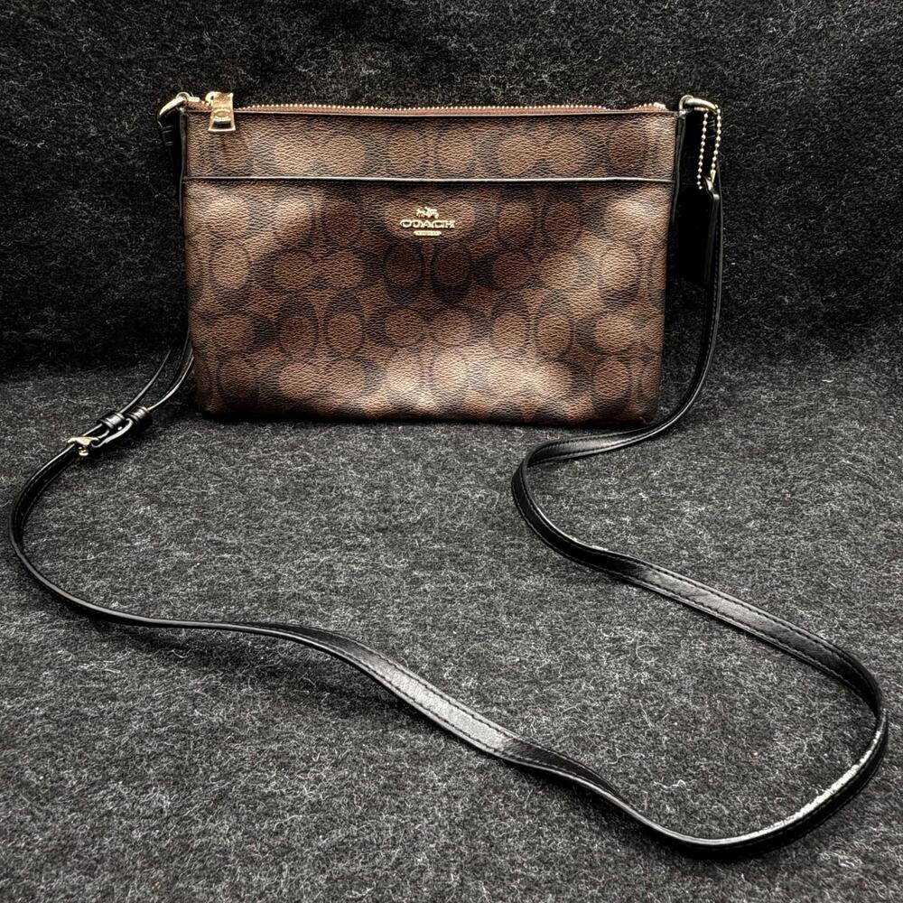 Coach Signature Brown East West Pop Up Slim Crossbody Purse Bag